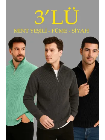 Erkek Fitilli Triko Kazak 3’lü Set – Mint Yeşili, Siyah, Füme Kalın Dokuma Pamuklu Regular Fit V Yaka Fermuarlı Uzun Kollu Rahat Kışlık Kazak Kombini