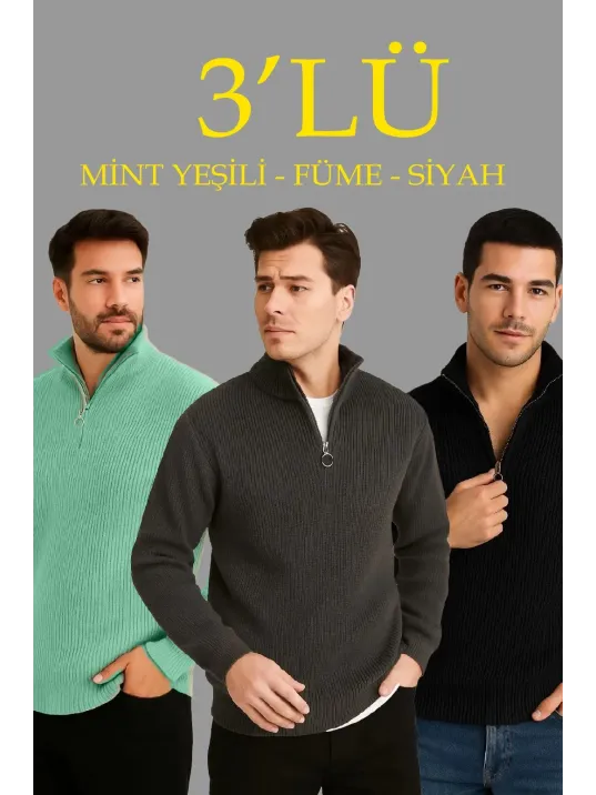 Erkek Fitilli Triko Kazak 3’lü Set – Mint Yeşili, Siyah, Füme Kalın Dokuma Pamuklu Regular Fit V Yaka Fermuarlı Uzun Kollu Rahat Kışlık Kazak Kombini Erkek Fitilli Triko Kazak 3’lü Set – Mint Yeşili, Siyah, Füme Kalın Dokuma Pamuklu Regular Fit V Yaka Fermuarlı Uzun Kollu Rahat Kışlık Kazak Kombini