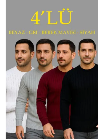 Erkek Fitilli Triko Kazak 4’lü Set – Beyaz, Bordo, Gri, Siyah | Kalın Dokuma Pamuklu Regular Fit Bisiklet Yaka Uzun Kollu Kışlık ve Baharlık Rahat Triko Kombini