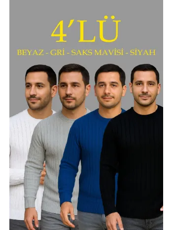 Erkek Fitilli Triko Kazak 4’lü Set – Beyaz, Saks Mavisi, Gri, Siyah | Kalın Dokuma Pamuklu Regular Fit Bisiklet Yaka Uzun Kollu Kışlık ve Baharlık Rahat Triko Kombini