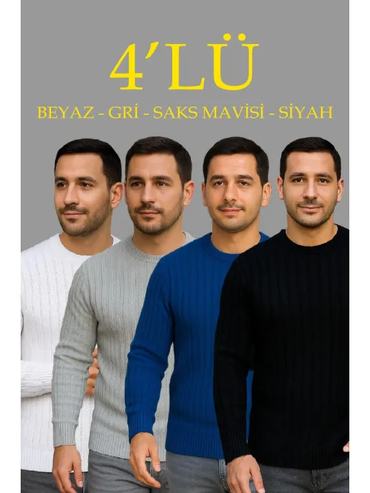 Erkek Fitilli Triko Kazak 4’lü Set – Beyaz, Saks Mavisi, Gri, Siyah | Kalın Dokuma Pamuklu Regular Fit Bisiklet Yaka Uzun Kollu Kışlık ve Baharlık Rahat Triko Kombini Erkek Fitilli Triko Kazak 4’lü Set – Beyaz, Saks Mavisi, Gri, Siyah | Kalın Dokuma Pamuklu Regular Fit Bisiklet Yaka Uzun Kollu Kışlık ve Baharlık Rahat Triko Kombini