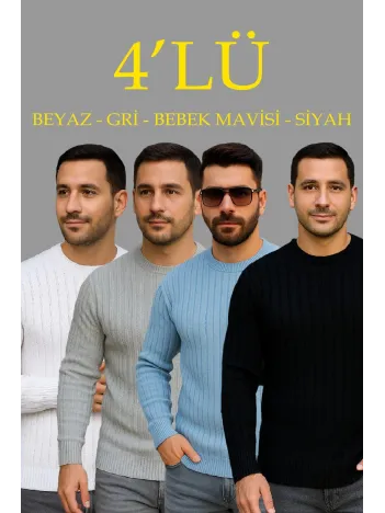 Erkek Fitilli Triko Kazak 4’lü Set – Beyaz, Bebek Mavisi, Gri, Siyah | Kalın Dokuma Pamuklu Regular Fit Bisiklet Yaka Uzun Kollu Kışlık ve Baharlık Rahat Triko Kombini