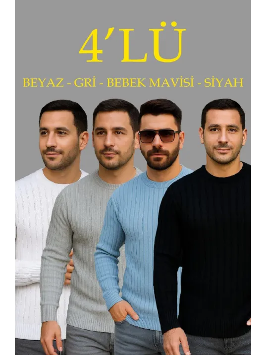 Erkek Fitilli Triko Kazak 4’lü Set – Beyaz, Bebek Mavisi, Gri, Siyah | Kalın Dokuma Pamuklu Regular Fit Bisiklet Yaka Uzun Kollu Kışlık ve Baharlık Rahat Triko Kombini Erkek Fitilli Triko Kazak 4’lü Set – Beyaz, Bebek Mavisi, Gri, Siyah | Kalın Dokuma Pamuklu Regular Fit Bisiklet Yaka Uzun Kollu Kışlık ve Baharlık Rahat Triko Kombini