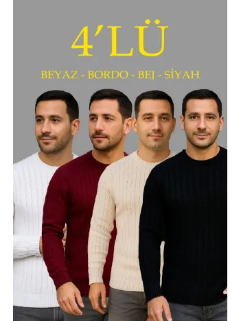 Erkek Fitilli Triko Kazak 4’lü Set – Beyaz, Bordo, Gri, Siyah | Kalın Dokuma Pamuklu Regular Fit Bisiklet Yaka Uzun Kollu Kışlık ve Baharlık Rahat Triko Kombini