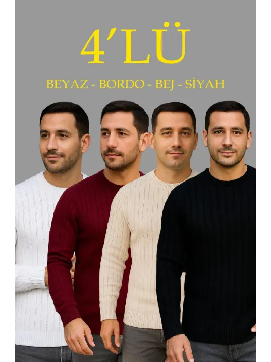 Erkek Fitilli Triko Kazak 4’lü Set – Beyaz, Bordo, Gri, Siyah | Kalın Dokuma Pamuklu Regular Fit Bisiklet Yaka Uzun Kollu Kışlık ve Baharlık Rahat Triko Kombini Erkek Fitilli Triko Kazak 4’lü Set – Beyaz, Bordo, Gri, Siyah | Kalın Dokuma Pamuklu Regular Fit Bisiklet Yaka Uzun Kollu Kışlık ve Baharlık Rahat Triko Kombini