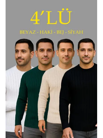 Erkek Fitilli Triko Kazak 4’lü Set – Beyaz, haki, bej, Siyah | Kalın Dokuma Pamuklu Regular Fit Bisiklet Yaka Uzun Kollu Kışlık ve Baharlık Rahat Triko Kombini