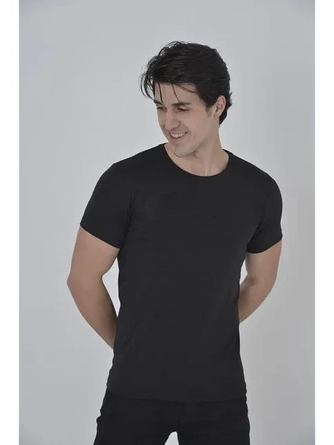 Erkek Gögüs Fileli T-shirt Kısa Kol Bisiklet Yaka Slimfit Tişört  - Siyah