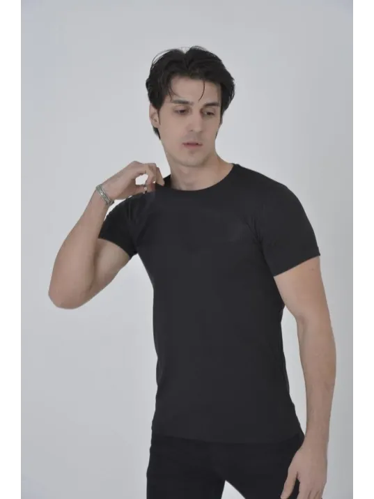 Erkek Gögüs Fileli Slim fit T-shirt - Siyah Erkek Gögüs Fileli Slim fit T-shirt - Siyah