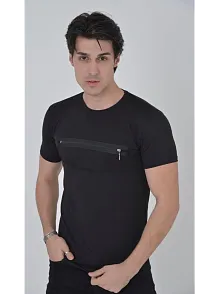Erkek Göğüste Fermuar Aksesuarlı Dar Kalıp T-shirt - Siyah