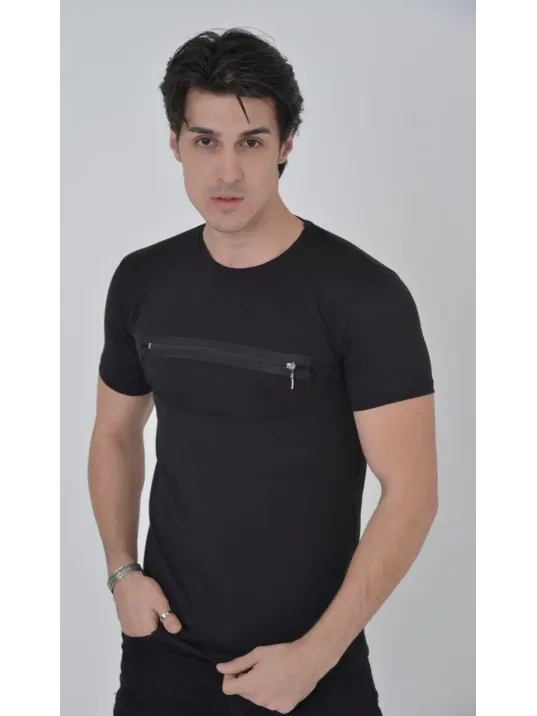 Erkek Göğüste Fermuar Aksesuarlı Dar Kalıp T-Shirt - Siyah Erkek Göğüste Fermuar Aksesuarlı Dar Kalıp T-Shirt - Siyah