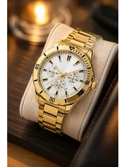 Erkek Gold Renk Metal Kordon Analog Kol Saati Beyaz Kadran Takvim Göstergeli