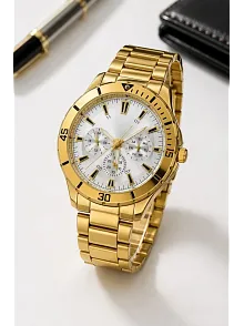 Erkek Gold Renk Metal Kordon Analog Kol Saati Beyaz Kadran Takvim Göstergeli