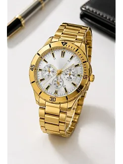 Erkek Gold Renk Metal Kordon Analog Kol Saati Beyaz Kadran Takvim Göstergeli