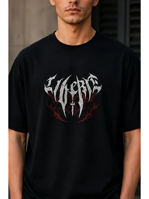 Erkek Gotik Yazı Baskılı Oversize Bisiklet Yaka T-shirt - Siyah Erkek Gotik Yazı Baskılı Oversize Bisiklet Yaka T-shirt - Siyah