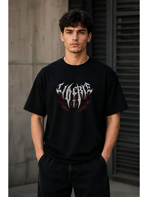 Erkek Gotik Yazı Baskılı Oversize Bisiklet Yaka T-shirt - Siyah Erkek Gotik Yazı Baskılı Oversize Bisiklet Yaka T-shirt - Siyah