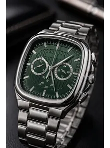 Erkek Gümüş Metal Kordon Analog Kol Saati Yeşil Kadran Takvim Göstergeli - Gümüş