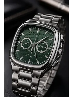 Erkek Gümüş Metal Kordon Analog Kol Saati Yeşil Kadran Takvim Göstergeli - Gümüş