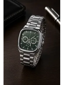 Erkek Gümüş Metal Kordon Analog Kol Saati Yeşil Kadran Takvim Göstergeli - Gümüş