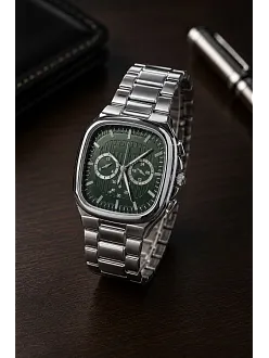 Erkek Gümüş Metal Kordon Analog Kol Saati Yeşil Kadran Takvim Göstergeli - Gümüş