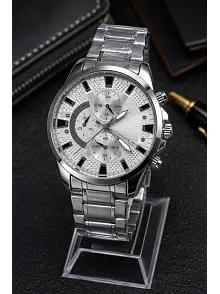 Erkek Gümüş Renk Metal Kordon Analog Kol Saati 24 Saat Takvim Göstergeli Gri Kadran - Gümüş