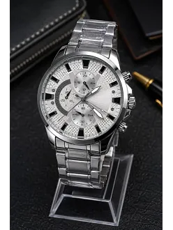 Erkek Gümüş Renk Metal Kordon Analog Kol Saati 24 Saat Takvim Göstergeli Gri Kadran - Gümüş