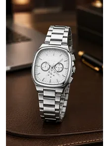 Erkek Gümüş Renk Metal Kordon Analog Kol Saati Çok Fonksiyonlu Beyaz Kadran - Gümüş