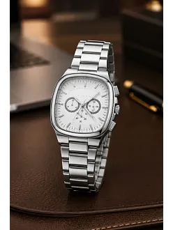 Erkek Gümüş Renk Metal Kordon Analog Kol Saati Çok Fonksiyonlu Beyaz Kadran - Gümüş
