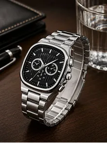 Erkek Gümüş Renk Metal Kordon Analog Kol Saati Siyah Kadran Takvim Göstergeli - Gümüş