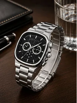Erkek Gümüş Renk Metal Kordon Analog Kol Saati Siyah Kadran Takvim Göstergeli - Gümüş