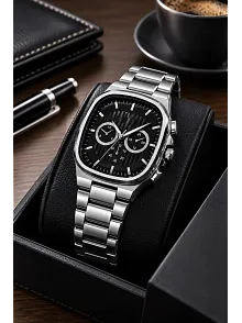 Erkek Gümüş Renk Metal Kordon Analog Kol Saati Siyah Kadran Takvim Göstergeli - Gümüş