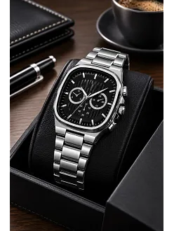 Erkek Gümüş Renk Metal Kordon Analog Kol Saati Siyah Kadran Takvim Göstergeli - Gümüş