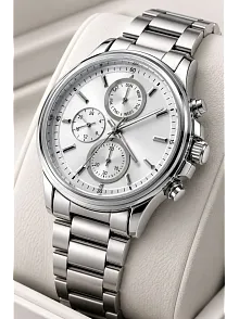 Erkek Gümüş Renk Metal Kordon Analog Kol Saati Takvim Göstergeli Beyaz Kadran - Gümüş
