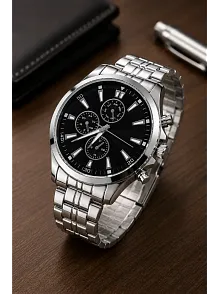 Erkek Gümüş Renk Metal Kordon Analog Kol Saati Takvim Göstergeli Siyah Kadran - Gümüş