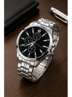 Erkek Gümüş Renk Metal Kordon Analog Kol Saati Takvim Göstergeli Siyah Kadran - Gümüş