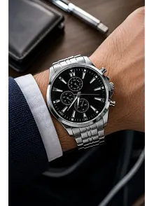 Erkek Gümüş Renk Metal Kordon Analog Kol Saati Takvim Göstergeli Siyah Kadran - Gümüş