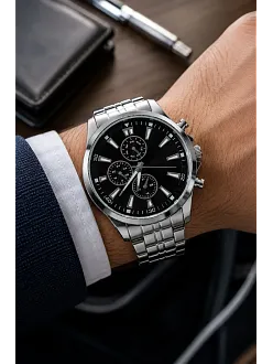 Erkek Gümüş Renk Metal Kordon Analog Kol Saati Takvim Göstergeli Siyah Kadran - Gümüş