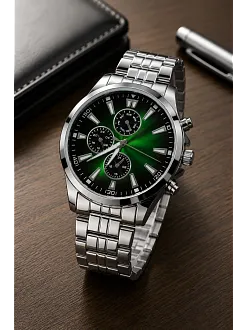 Erkek Gümüş Renk Metal Kordon Analog Kol Saati Takvim Göstergeli Yeşil Siyah Kadran - Gümüş