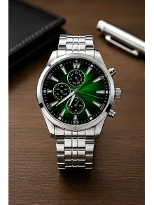 Erkek Gümüş Renk Metal Kordon Analog Kol Saati Takvim Göstergeli Yeşil Siyah Kadran - Gümüş