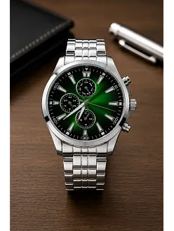 Erkek Gümüş Renk Metal Kordon Analog Kol Saati Takvim Göstergeli Yeşil Siyah Kadran - Gümüş