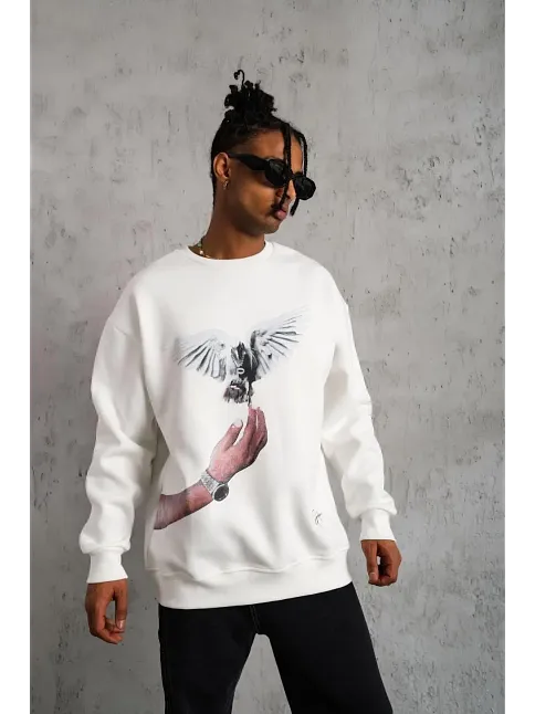 Erkek Güvercin Baskılı Sweatshirt - Beyaz