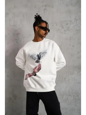 Erkek Güvercin Baskılı Sweatshirt - Beyaz Erkek Güvercin Baskılı Sweatshirt - Beyaz