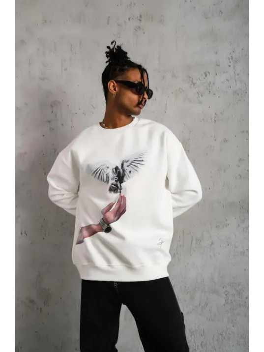 Erkek Güvercin Baskılı Sweatshirt - Beyaz