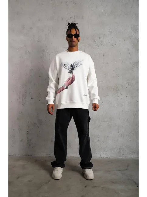 Erkek Güvercin Baskılı Sweatshirt - Beyaz