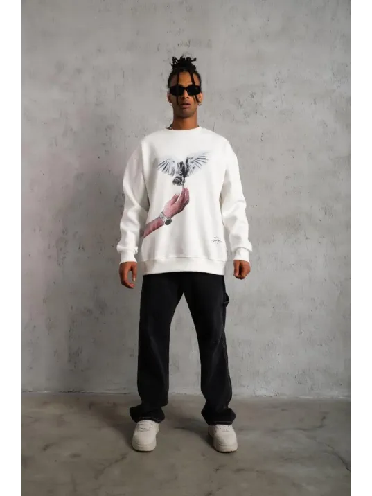Erkek Güvercin Baskılı Sweatshirt - Beyaz
