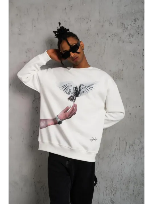 Erkek Güvercin Baskılı Sweatshirt - Beyaz
