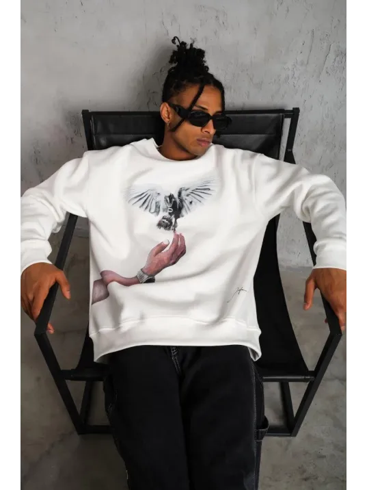 Erkek Güvercin Baskılı Sweatshirt - Beyaz