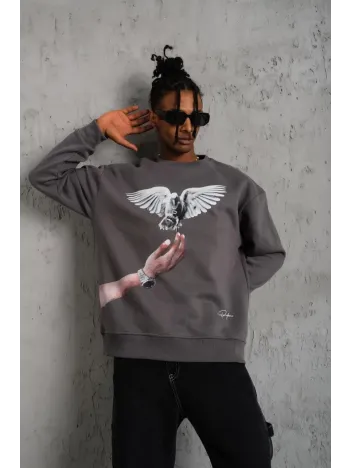 Erkek Güvercin Baskılı Sweatshirt - Gri