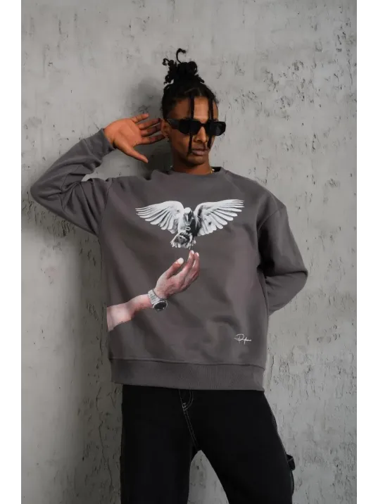 Erkek Güvercin Baskılı Sweatshirt - Gri