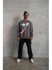 Erkek Güvercin Baskılı Sweatshirt - Gri