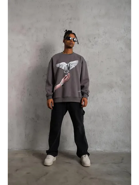 Erkek Güvercin Baskılı Sweatshirt - Gri